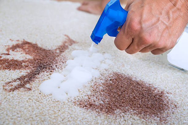 spray cleaning detergent in white carpet