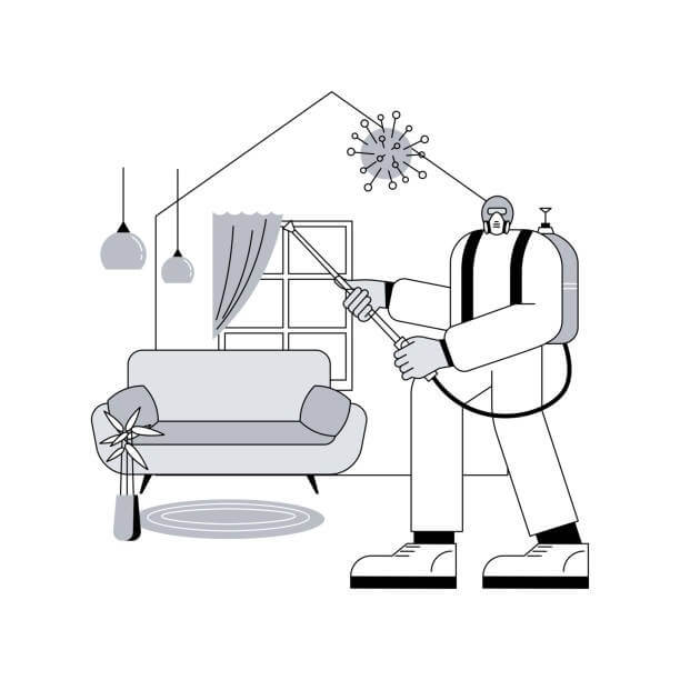 image of animated man spraying disinfectant solution in sofa