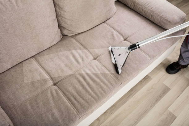 vacuuming grey white sofa with a vacuum cleaner