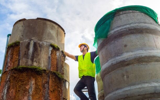 a man with yellow shirt and helmet watching 2 concrete water tanks