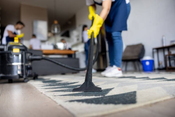 vacuuming carpet with vacuum cleaner
