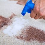spray cleaning detergent in white carpet